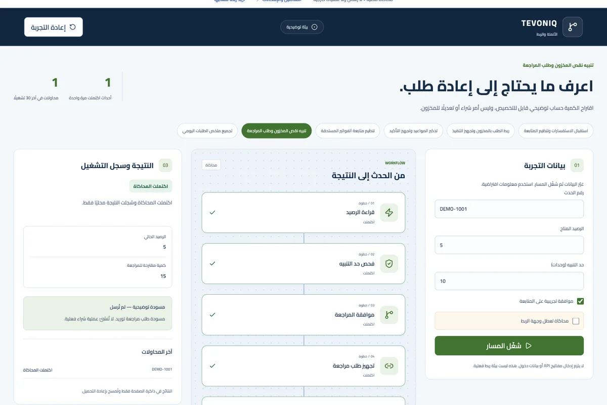 تنبيه نقص المخزون وطلب المراجعة